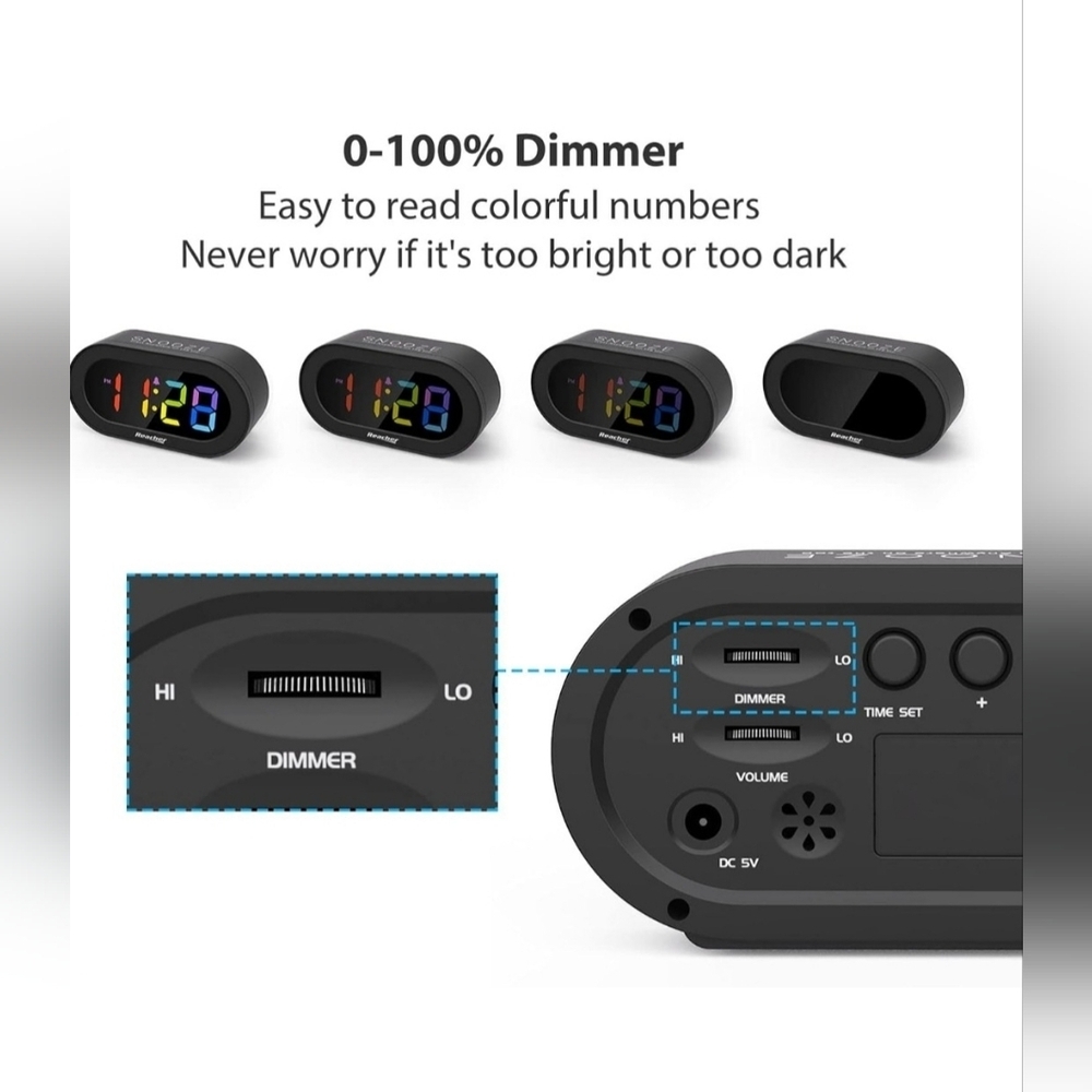 Reacher Black Digital Alarm Clock with Multicolor LED Display - Picture 6 of 11